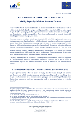 RECYCLED PLASTIC in FOOD CONTACT MATERIALS - Policy Report by Safe Food Advocacy Europe