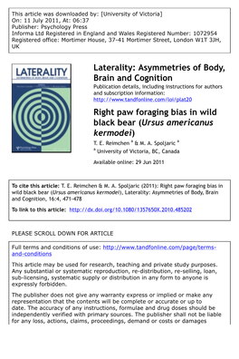 Right Paw Foraging Bias in Wild Black Bear (Ursus Americanus Kermodei) T