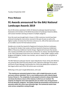 91 Awards Announced for the BALI National Landscape Awards 2019