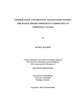 Immigration and Identity Negotiation Within the Bangladeshi Immigrant Community in Toronto, Canada