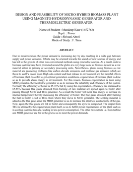 Design and Feasibility of Micro Hybrid Biomass Plant Using Magneto Hydrodynamic Generator and Thermoelectric Generator