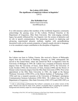 Ilse Lehiste (1922-2010) the Significance of Empirical Evidence in Linguistics* (2012)