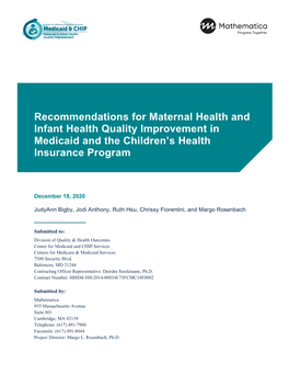 Recommendations for Maternal Health and Infant Health Quality Improvement in Medicaid and the Children's Health Insurance Prog