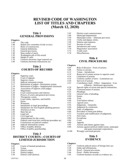 REVISED CODE of WASHINGTON LIST of TITLES and CHAPTERS (March 12, 2020)