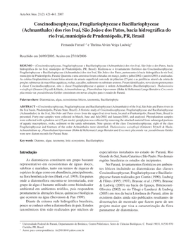 (Achnanthales) Dos Rios Ivaí, São João E Dos Patos, Bacia Hidrográfica Do Rio Ivaí, Município De Prudentópolis, PR, Brasil