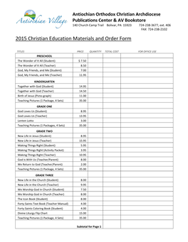 2015 Christian Education Materials and Order Form