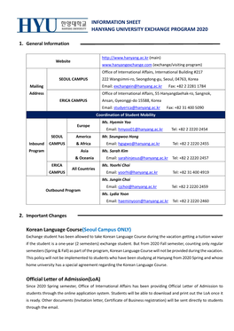 Information Sheet Hanyang University Exchange Program 2020