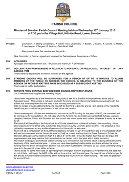 Stondon Parish Council Meeting Held on Wednesday 30Th January 2013 at 7.30 Pm in the Village Hall, Hillside Road, Lower Stondon