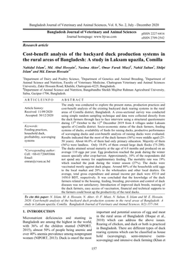 Cost-Benefit Analysis of the Backyard Duck Production Systems in the Rural Areas of Bangladesh: a Study in Laksam Upazila, Comilla