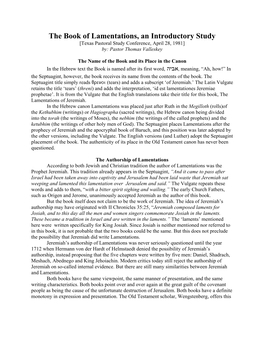 The Book of Lamentations, an Introductory Study [Texas Pastoral Study Conference, April 28, 1981] By: Pastor Thomas Valleskey