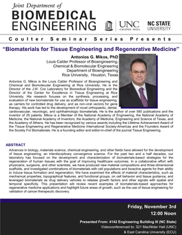 “Biomaterials for Tissue Engineering and Regenerative Medicine” Antonios G