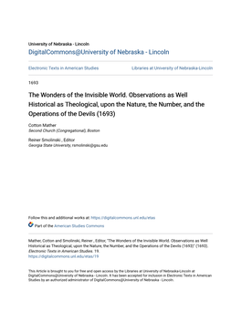 The Wonders of the Invisible World. Observations As Well Historical As Theological, Upon the Nature, the Number, and the Operations of the Devils (1693)