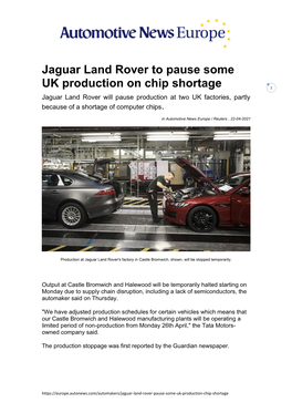 Jaguar Land Rover to Pause Some UK Production on Chip Shortage