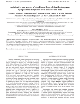 A Distinctive New Species of Cloud Forest Euptychiina (Lepidoptera: Nymphalidae: Satyrinae) from Ecuador and Peru