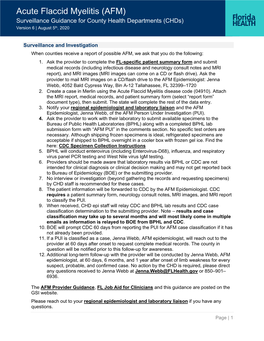 Acute Flaccid Myelitis (AFM) Surveillance Guidance for County Health Departments (Chds) Th Version 6 | August 5 , 2020