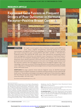 Expressed Gene Fusions As Frequent Drivers of Poor Outcomes in Hormone Receptor–Positive Breast Cancer