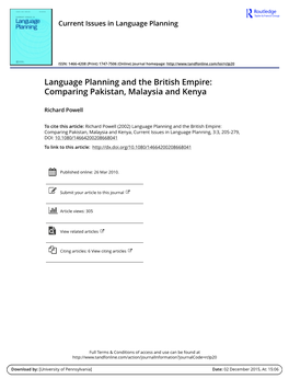 Language Planning and the British Empire: Comparing Pakistan, Malaysia and Kenya
