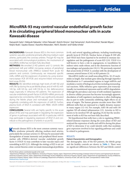 Microrna-93 May Control Vascular Endothelial Growth Factor a in Circulating Peripheral Blood Mononuclear Cells in Acute Kawasaki Disease