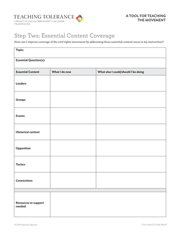 Step Two: Essential Content Coverage How Can I Improve Coverage of the Civil Rights Movement by Addressing These Essential Content Areas in My Instruction?