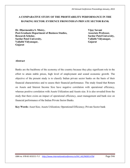 A Comparative Study of the Profitability Performance in the Banking Sector: Evidence from Indian Private Sector Bank