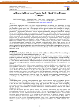 A Research Review on Tomato Bushy Stunt Virus Disease Complex