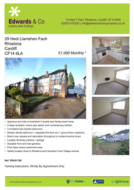 29 Heol Llanishen Fach Rhiwbina Cardiff. CF14 6LA £1,000 Monthly *