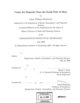 Crater Ice Deposits Near the South Pole of Mars Owen William Westbrook