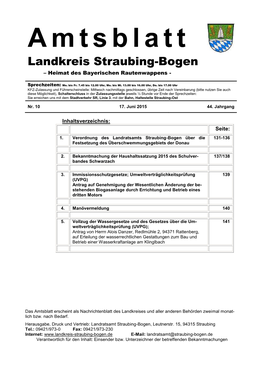 Amtsblatt Erscheint Als Nachrichtenblatt Des Landkreises Und Aller Anderen Behörden Zweimal Monat- Lich Bzw