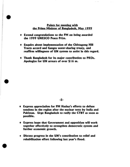 Points for Meeting with the Prime Minister of Bangladesh. May 1999