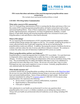 FDA Warns That Abuse and Misuse of the Nasal Decongestant Propylhexedrine Causes Serious Harm This Includes Heart and Mental Health Problems Or Death