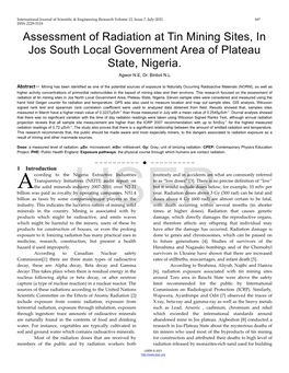 Assessment of Radiation at Tin Mining Sites, in Jos South Local Government Area of Plateau State, Nigeria
