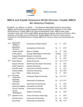 WBCA and Kodak Announce NCAA Division I Kodak/WBCA All-America Finalists