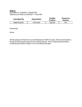 SCR-71 Submitted On: 3/18/2021 10:06:08 PM Testimony for PSM on 3/23/2021 1:10:00 PM