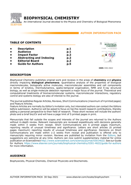 BIOPHYSICAL CHEMISTRY an International Journal Devoted to the Physics and Chemistry of Biological Phenomena