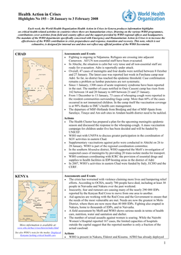 Health Action in Crises Highlights No 193 – 28 January to 3 February 2008
