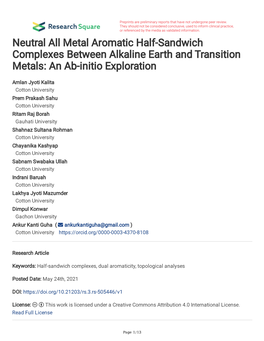 Neutral All Metal Aromatic Half-Sandwich Complexes Between Alkaline Earth and Transition Metals: an Ab-Initio Exploration