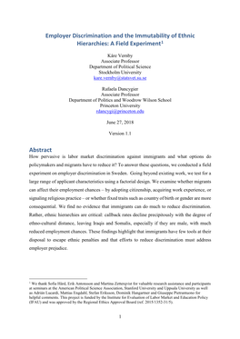 Employer Discrimination and the Immutability of Ethnic Hierarchies: a Field Experiment1