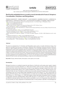 Bark Beetles and Pinhole Borers Recently Or Newly Introduced to France (Coleoptera: Curculionidae, Scolytinae and Platypodinae)