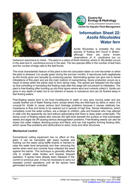 Information Sheet 22: Azolla Filiculoides Water Fern