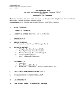 (MEDC) AGENDA September 12, 2017 at 6:00 Pm Members: Chai