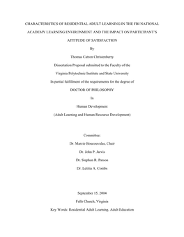 Characteristics of Residential Adult Learning in the Fbi National Academy Learning Environment and the Impact on Participant's