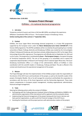 European Project Manager Euridoc – Tri-National Doctoral Programme