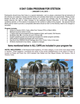 8 Day Cuba Program for Stetson - January 3-10, 2015