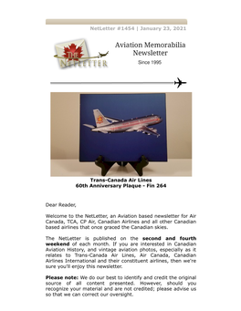 Netletter #1454 | January 23, 2021 Trans-Canada Air Lines 60Th