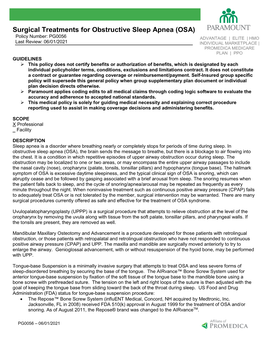 Surgical Treatments for Obstructive Sleep Apnea (OSA) Policy Number: PG0056 ADVANTAGE | ELITE | HMO Last Review: 06/01/2021