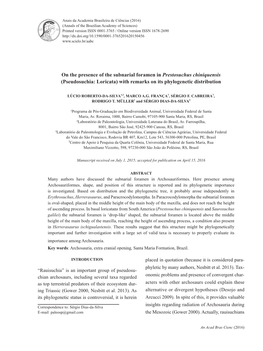 On the Presence of the Subnarial Foramen in Prestosuchus Chiniquensis (Pseudosuchia: Loricata) with Remarks on Its Phylogenetic Distribution