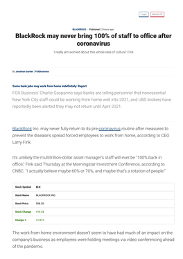 Blackrock May Never Bring 100% of Staff to Office After Coronavirus