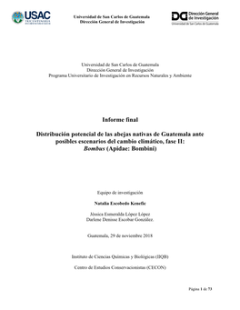 Informe Final Distribución Potencial De Las Abejas Nativas De Guatemala