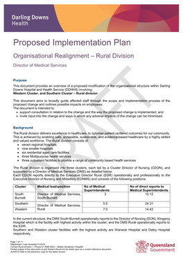 Darling Downs Hospital and Health Service (DDHHS) Involving: Western Cluster, and Southern Cluster – Rural Division