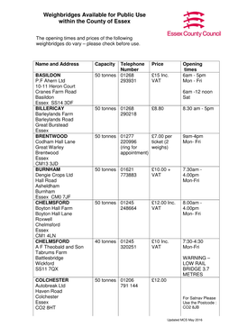 Weighbridges Available for Public Use Within the County of Essex